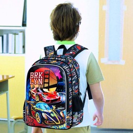 UFNDC 3PCS Boys Racing Car Backpack, Kids Bookbag with Lunch Box, Water Resistant School Bag for Elementary Preschool Toddler