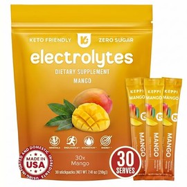 Keppi Sobres de Electrolitos de Mango En Polvo 30 Sobres de Hidratación Sin Azúcar, Cetogénicos, Perfectos para Viajes, Gimnasio Y para Refrescarse A 