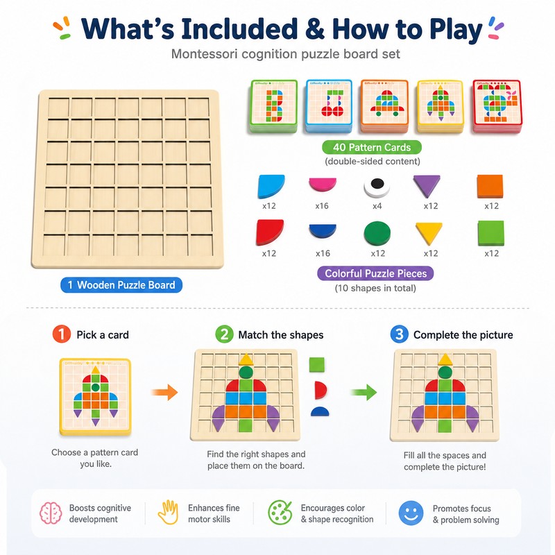120-Piece Montessori-Inspired Matching Puzzle Set – Wooden Logic and Cognitive