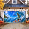 Summer Halloween Garage Door Cover, 16x7 Ft Surfing Skeleton Banner