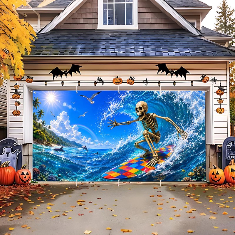 Summer Halloween Garage Door Cover, 16x7 Ft Surfing Skeleton Banner