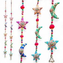 Moon and Star Ornament Ethnic Kalamkari Multi colour Handmade Door Hanging Decorative Five Stringed Together with Beads and Bell Wind Chime