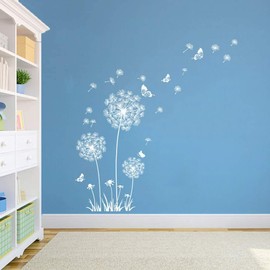 Runtoo Giant Dandelion Wall Decals Flying Flowers Butterflies Wall Stickers Plants Wall Art Living Room Bedroom Decor [White]