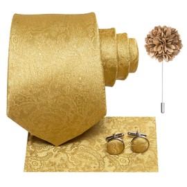 Hi-Tie Silk Men's Tie and Pocket Square Cufflinks Lapel Pin Set Jacquard Wedding Business Necktie for Formal,Gold A