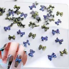 300 Pcs 3D Y2k Resin Bow Nail Charms Holographic Aurora Cute Bow Resin Charms for Acrylic Nail Rhinestone Flatback Kawaii Black Gold Laser Bowknots Nail Gems Charms for Nail Art Decor Accessories DIY