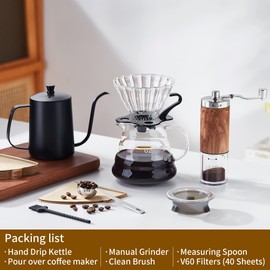 Unbreakable Pour Over Coffee Maker Set – 6-Piece Set with Coffee Maker, Hand Coffee Grinder, Hand Drip Kettle, V60 Filters (40 Sheets), and Measuring Spoon – Perfect for Home Brewing and Travel