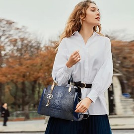 NICOLE & DORIS Ladies Medium Handbags Women Top Handle Bags Fashion Tote Bag Crocodile Shoulder Bags Patent Leather Handbag Crossbody Bag Dark Blue