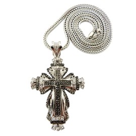 NYFASHION101 Silver/Hematite-Tone Medieval Style Cross Pendant with 36" Franco Chain Necklace
