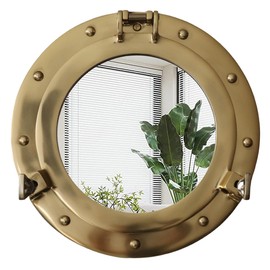 The Metal Magician 12inch Nautical Decor Porthole Wall Mirror, Polished Brass, Mirror for Home, Pirate Decor, Shipwrecked Victorian