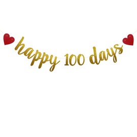 Happy 100 Days Banner,Pre-strung ,No Assembly Required, Fall in Love 100 Days / Wedding / Baby's 100 Days Party Decorations Suppiles, Gold Glitter Paper Garlands Backdrops, Letters Gold Betteryanzi
