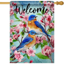Artofy Welcome Spring Summer Bluebird Large Decorative House Flag, Birds Pink Floral Flower Yard Garden Outside Decor, Seasonal Burlap Outdoor Home Decoration Double Sided 28 x 40