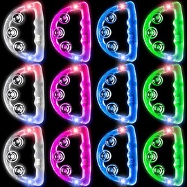 Kopinma 12 Pcs LED Tambourine Half Moon Hand Tambourine, Flashing Tambourine Glow Musical Tambourines, Jingles Bell Light, Handheld Tambourines for Adults Cheering Rhythm Wedding