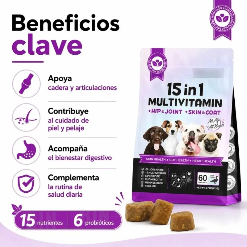 60 Multivitamínico Perros Refuerza Salud Articular 15 En 1
