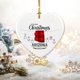 Prezzy Arizona Christmas Ornament for Home Decor Our First Christmas in Arizona Gifts 2023 Xmas Tree Hanging Decorations for New House Souvenir Keepsake Gift Ceramic Heart Ornaments
