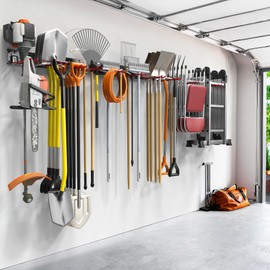 TORACK Garden Tool Organizer Wall Mount, Garage Folding Chair Storage Rack, Tools Rack for Shovels, Rakes, Broom, Ladders, Hooks for Keyhole Style Shelving Unit