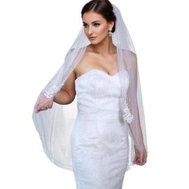 Cobirfam Womens 1 Tier Fingertip Length Veils Short Pearl and Flower Edge Wedding Bridal Veil With Comb (White)