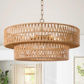 LamQee 22 Inch Farmhouse Rattan Chandeliers, 5 Lights Boho Chandelier Light Fixture with Hand Woven Wicker Shade, Large Rattan Pendant Lights Ceiling Hanging Lighting for Dining Room Kitchen Island