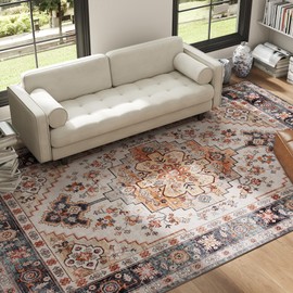 HOMCOM Washable Area Rug, 8'x10' Vintage Indoor Distressed Carpet, Retro Floor Cover Foldable, Floral Print Mat for Living Room, Bedroom, Dining Room, Tawny Brown