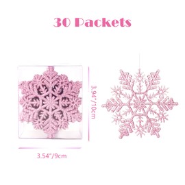 AMS 30ct 4''/100mm Plastic Glittered Snowflake Ornaments Sparkling Christmas Tree Decorations for Wedding,Thanksgiving,Party(Pink)