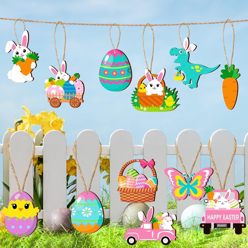 Wooden Easter Pendants, Pack of 24 Wooden Easter Eggs, Wooden