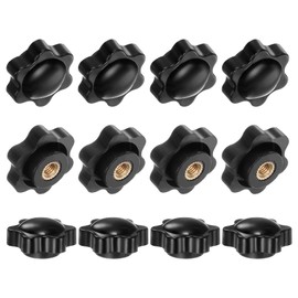 M METERXITY 12-Pack 6 Star Knobs, 1/4"-20 Female Thread 0.98"(25mm) Hexagon Head Blind Hole Clamping Grip Handles for Machinery/Electronic/Woodworking, Brass Screw-On Threaded Knob [Black]