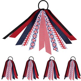 YKW 5 Pack Baseball Hair Ties Ribbon Ponytail Holder for Girls - Sports Team Accessories with Diamond Pattern Scrunchies, Streamers Hair Bows Gift Set for Players, Fans, Mom (Baseball)