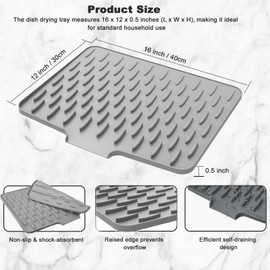 Silicone Dish Drying Mat for Kitchen Counter with Built in Drain Lip, Dish Drying Pad, Non-slip Drain Pad, Heat Resistant Drying Mat, Easy to Clean Tray Protect Surface, 15.8" x 12",Gray