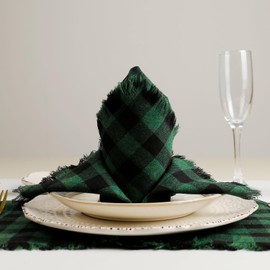 Black Green Plaid Cloth Napkins with Fringe Set of 8, Buffalo Checkered Cotton Napkins Washable, Oversized Gingham Napkins, Christmas Dinner Napkins for Wedding, Parties, Thanksgiving, Dinner Decor