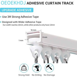 OEOEKHDJ Self Adhesive Ceiling Or Wall Curtain Track No Drill Curtain Rod, No Damage Curtain Track Hangers, Adhesive Curtain Rod For Windows Cabinet Closet Bathroom Shower Curtain (16FT)