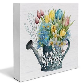 Spring Decor, Rustic Hello Spring Wood Sign Flowers Art Decorations Tabletop Shelf Desk Home Decor, 5 X 5 Inches