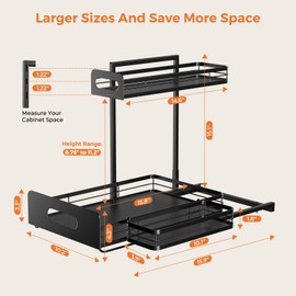 Delamu 2 Pack Metal Bathroom Organizers and Storage, 2 Tier Pull Out Under Sink Organizer with 2 Small Baskets, Adjustable Under Sink Shelf for Multipurpose Cabinet Organizer, Black