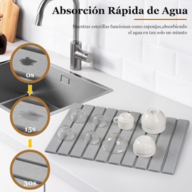 Alfombrillas de Secado para Platos,Plegable,Eterilla de Tierra de Diatomeas Súper Absorbente,Ecológica,Esterilla de Piedra para Secar Platos,Tazas,Botellas,60 x 40 cm,Gris Claro