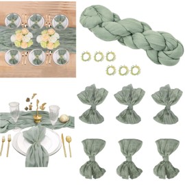 Sage Green Table Decor Set of 13 - 1 10FT Boho Cheesecloth Table Runner and 6 Cheese Cloth Napkins and 6 Simulated Branch Napkin Rings, Table Decorations for Wedding Party Bridal Shower