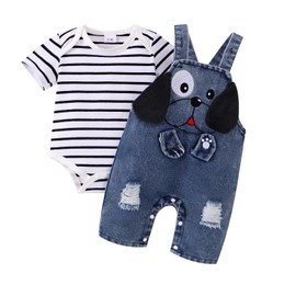 ODIMAME 3-6 Month Baby Boy Clothes Infant Short Sleeve Striped Romper Summer Outfits + Cartoon Dog Jeans Adjustable Suspender Overalls Black 3-6 Months