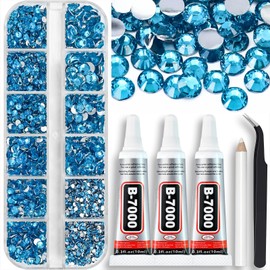 Towenm B7000 Jewelry Adhesive Glue with Rhinestones for Crafts, 4000PCS Peacock Blue Flatback Gems Rhinestone with Tweezer Picker Pencil Clear Glue for DIY Clothes Fabric Shoes Jewelry Making Nail Art