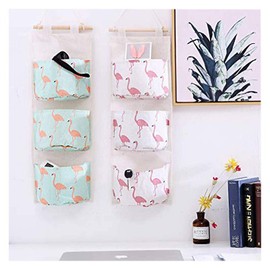 Andiker Wall Hanging Storage Bag, Linen Hanging Storage Organiser, Over Door Storage 3 Pockets Storage Bag with Waterproof PE Coated Interior for Door, Wall, Closet, Wardrobe (Green Flamingo)