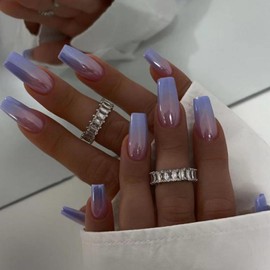 Hkanlre Press on Nails Medium Purple Fake Nails Tips Full Cover Square False Gradient Nails for Women and Girls 24PCS