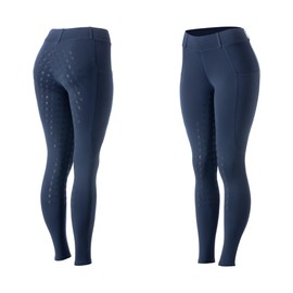 Equinavia Classic Womens Silicone Full Seat Horse Riding Pants with Phone Pockets | Equestrian Breeches Schooling Tights - Deep Blue - XL