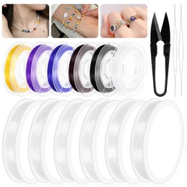 Keadic 15Pcs 0.4/0.5/0.6/0.7/0.8/1mm Crystal Clear Stretchy Elastic Bead String, 196 Ft 0.8mm Flat Elastic Beading Wire Thread Rope and Cutter for Bracelet Necklace Crafts Clay/Crystal/Pony Beads