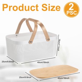 Kritkin 2 Pack Plastic Mesh Baskets with Wood Handle, Harvest Basket with Bamboo Lids, Stackable Storage Baskets Fruit Vegetable Storage Organizer Bins Kitchen Bathroom Pantry, Garden, Picnic (White)