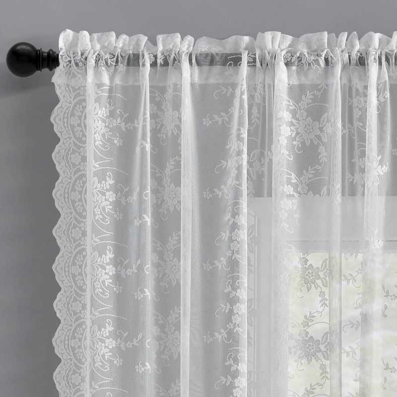 Kotile White Lace Cafe Curtains 45 Inch Length for Kitchen