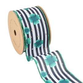 LaRibbons St Patricks Day Ribbon 2.5 Inch x 10 Yards, Green Shamrock Ribbon Wired with Black and White Striped for Crafts Wreath Bow Gift Wrapping DIY Decoration