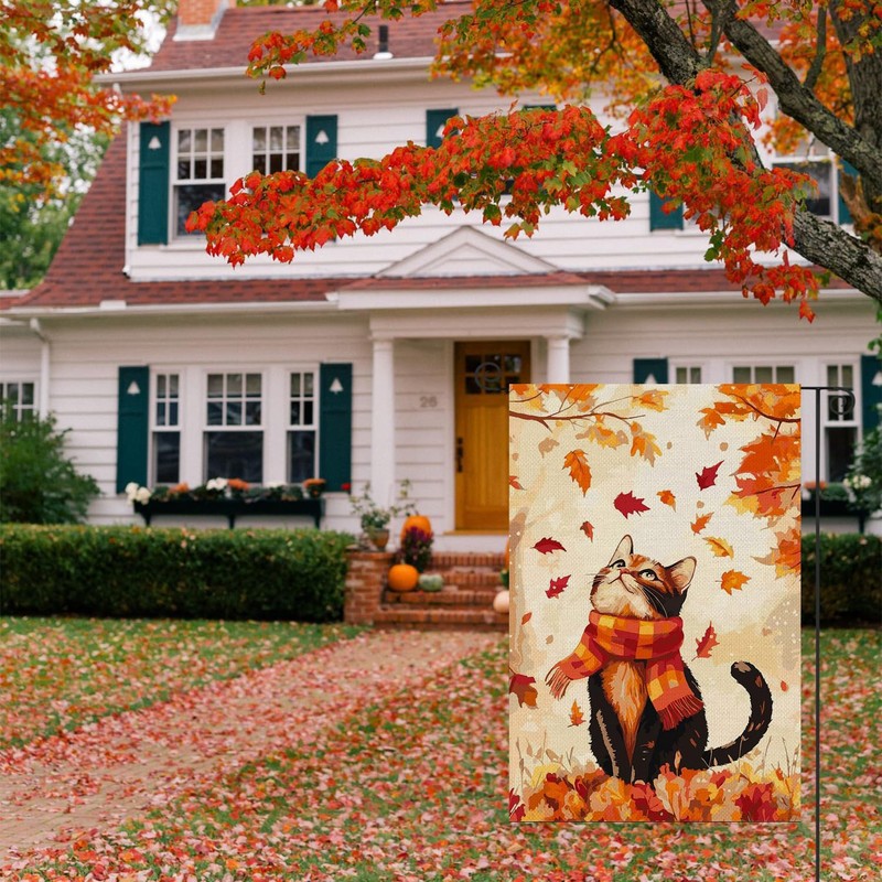 Cat Fall Garden Flag 12x18 Inch Double Sided,Maple Leaves Thanksgiving