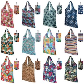 FEPITO 12 Pack Reusable Grocery Bags Shopping Bags 50LBS Foldable Fashion Bags Waterproof Nylon Reusable Grocery Bags