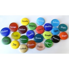Lifeforce Glass Sea Stones, Frosted Faux Sea Glass, Motivational, Inspiring Encouraging Single Words Set of 24.