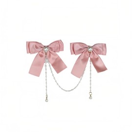 Cute Pink Bow Hair Clip with Pearl Chain Satin Double Bows Styling Barrette for Women Girls Kawaii Accessories - 1 Pcs