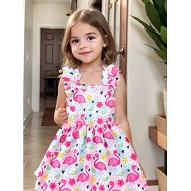 Little Girls Summer Dresses Flamingo Cotton Ruffle Sleeve Tiered Swing Dress Cute Casual Sundress for Toddler Kids