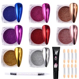 Brtavizvy 8Jars Chrome Nail Powder Metallic Mirror Effect Pigment Pearl Glitter Dip Powder Manicure Kit Nail Art Decoration Sets