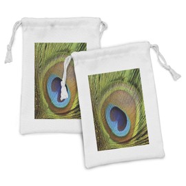 Ambesonne Peacock Fabric Pouch Set of 2, Bird Feather Eye Shape Close up Picture Exotic Wildlife Themed, Small Drawstring Bag for Toiletries Masks and Favors, 9" x 6", Green Teal Mustard