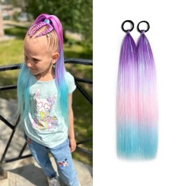 Ombre Ponytail Hair Tinsel Extensions, Synthetic Hair Extensions For Women Girls Hair Accessories Purple/Pink to Blue Tinsel Extensions Daily Party Costume Rave Wacky Braiding Extensions 2pcs/lot